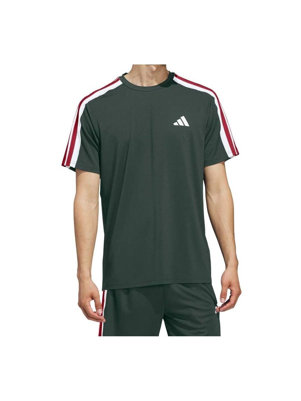 Adidas Men's Green Athletic T-Shirt w Red and White Stripes
